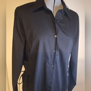 NWT Project RUNWAY Black Button Down Shirt With Lace Up Decor On Side Size Large